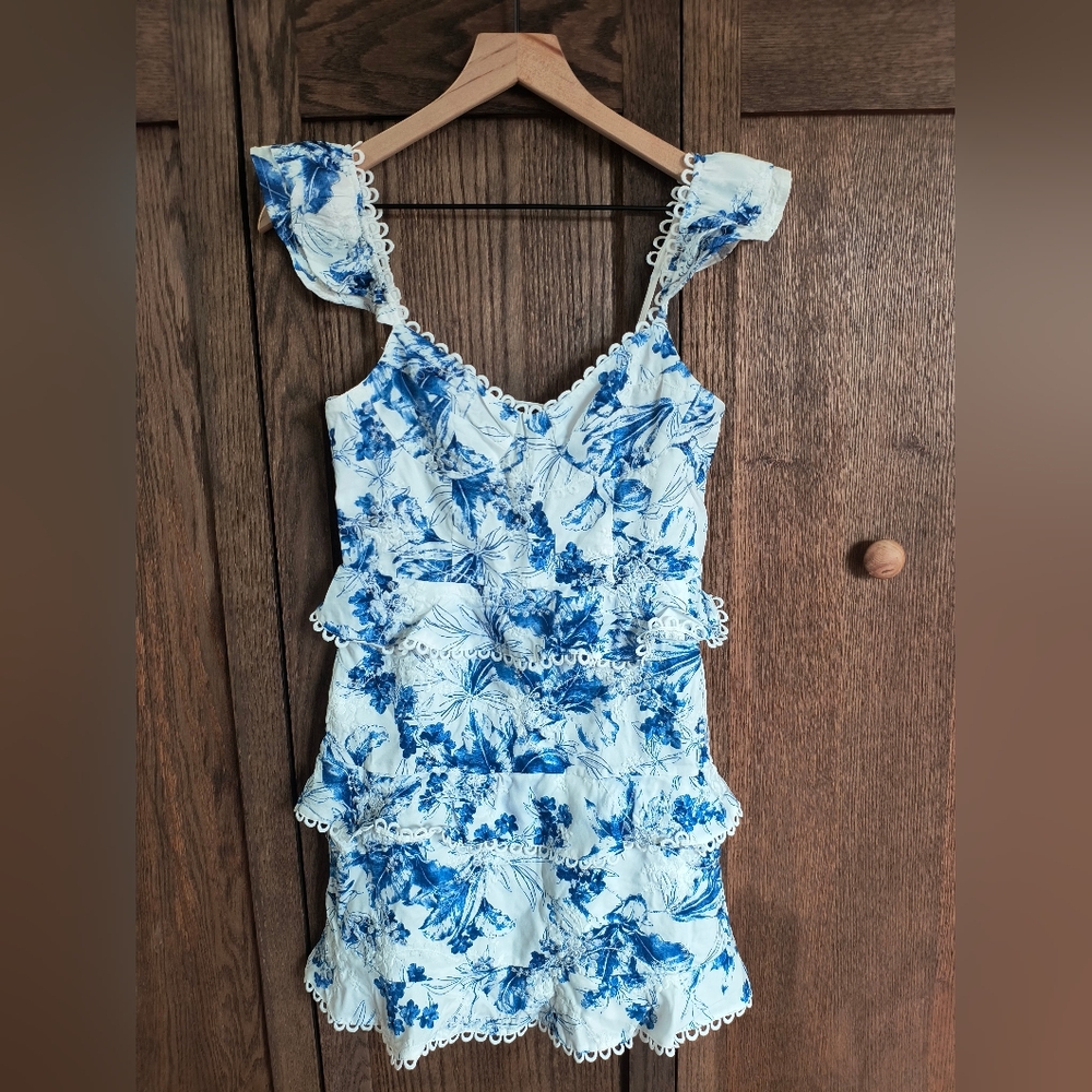 Blue and White Floral Mini Dress With Eyelet Ladder Detailing